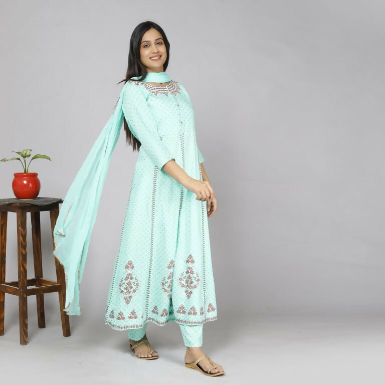 Alvano Women's Stylish Rayon Anarkali Kurta with Pant and Dupatta set Casual wear, Partywear, Wedding