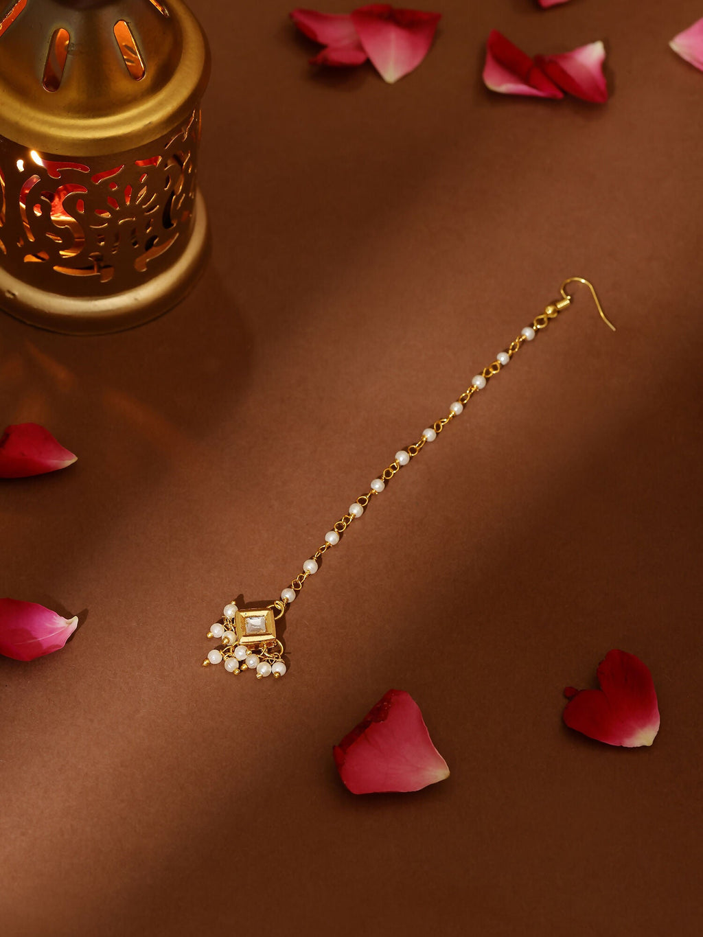 Ruby Raang Gold Square with Pearls Kundan Maang Tikka