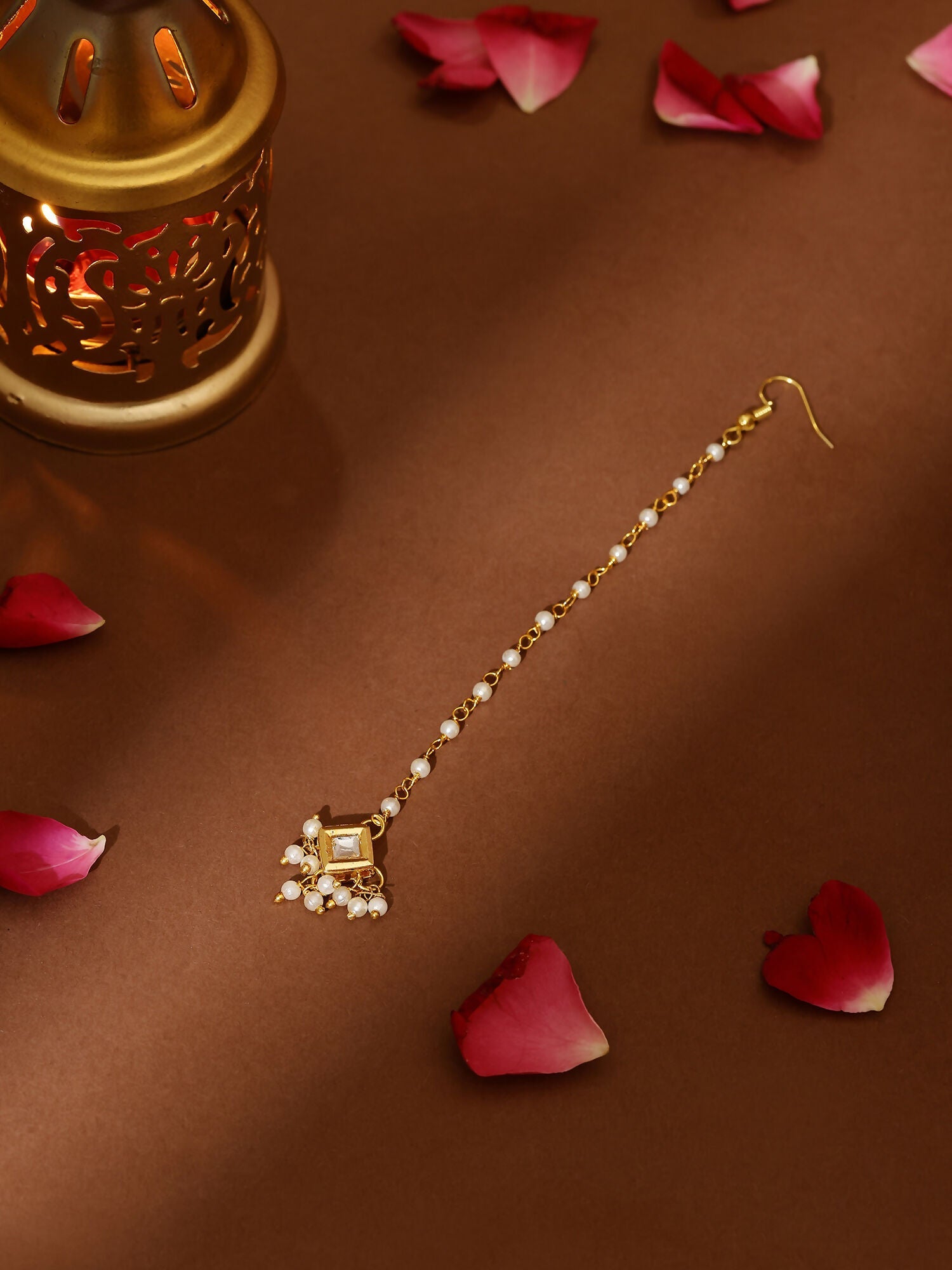 Ruby Raang Gold Square with Pearls Kundan Maang Tikka