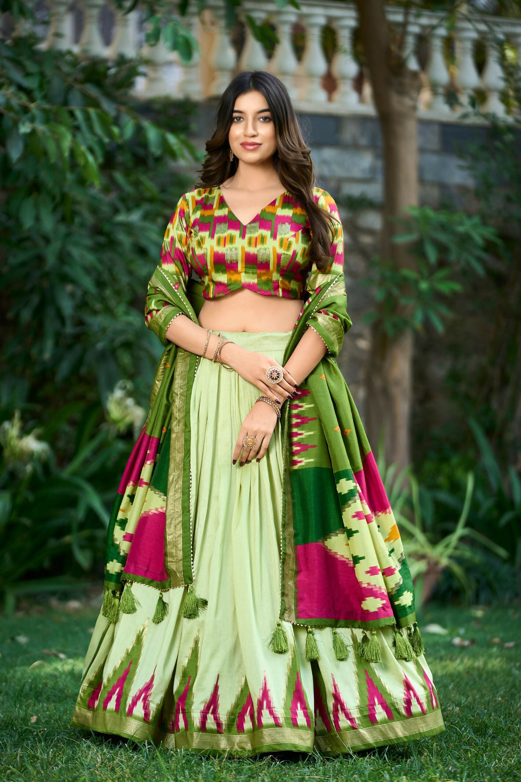 Vastranavya Printed and Foil Work Tussar Silk Lehenga with Unstitched Blouse - Pista