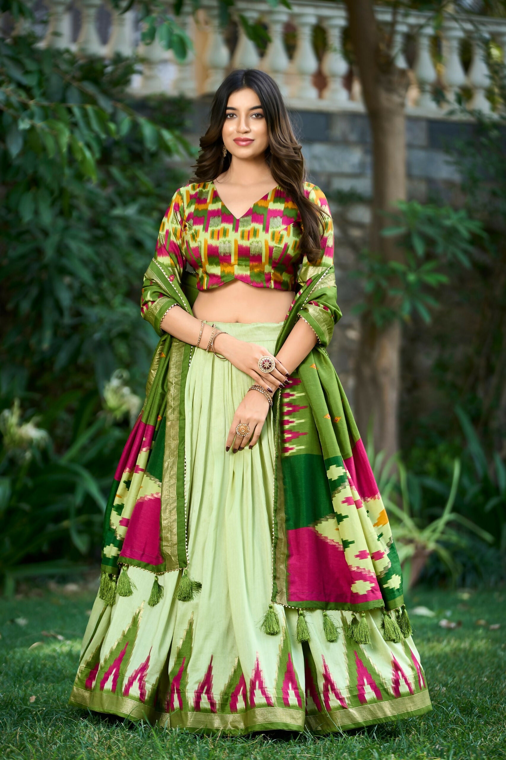 Vastranavya Printed and Foil Work Tussar Silk Lehenga with Unstitched Blouse - Pista