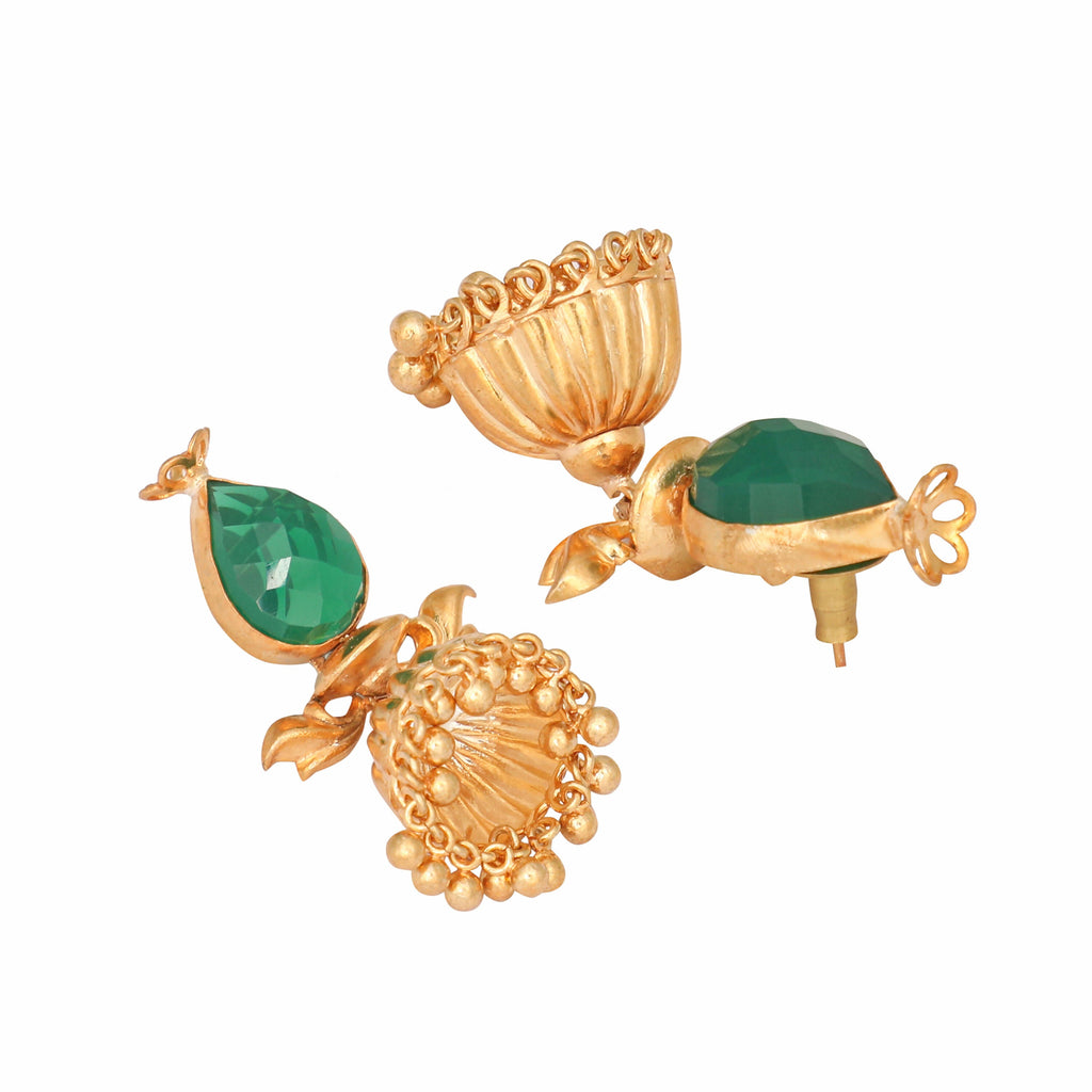 Nuyug 22K Gold Plated Emerald Stone Studded Ethnic Jhumkas