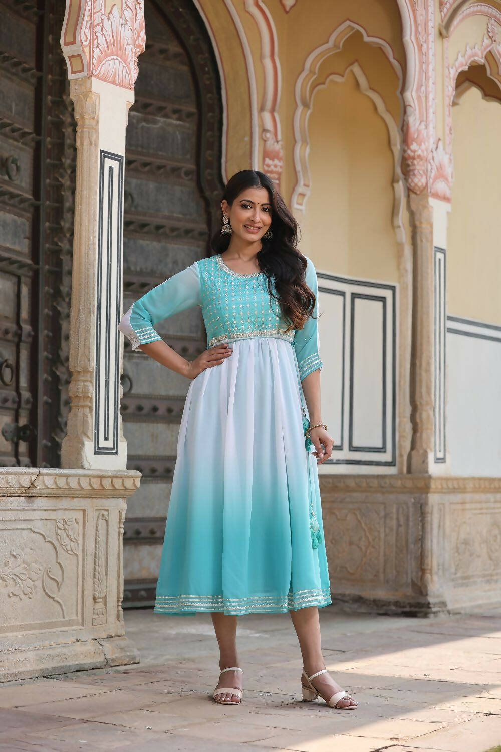 Juniper Women Teal Georgette Embroidered Maxi Dress