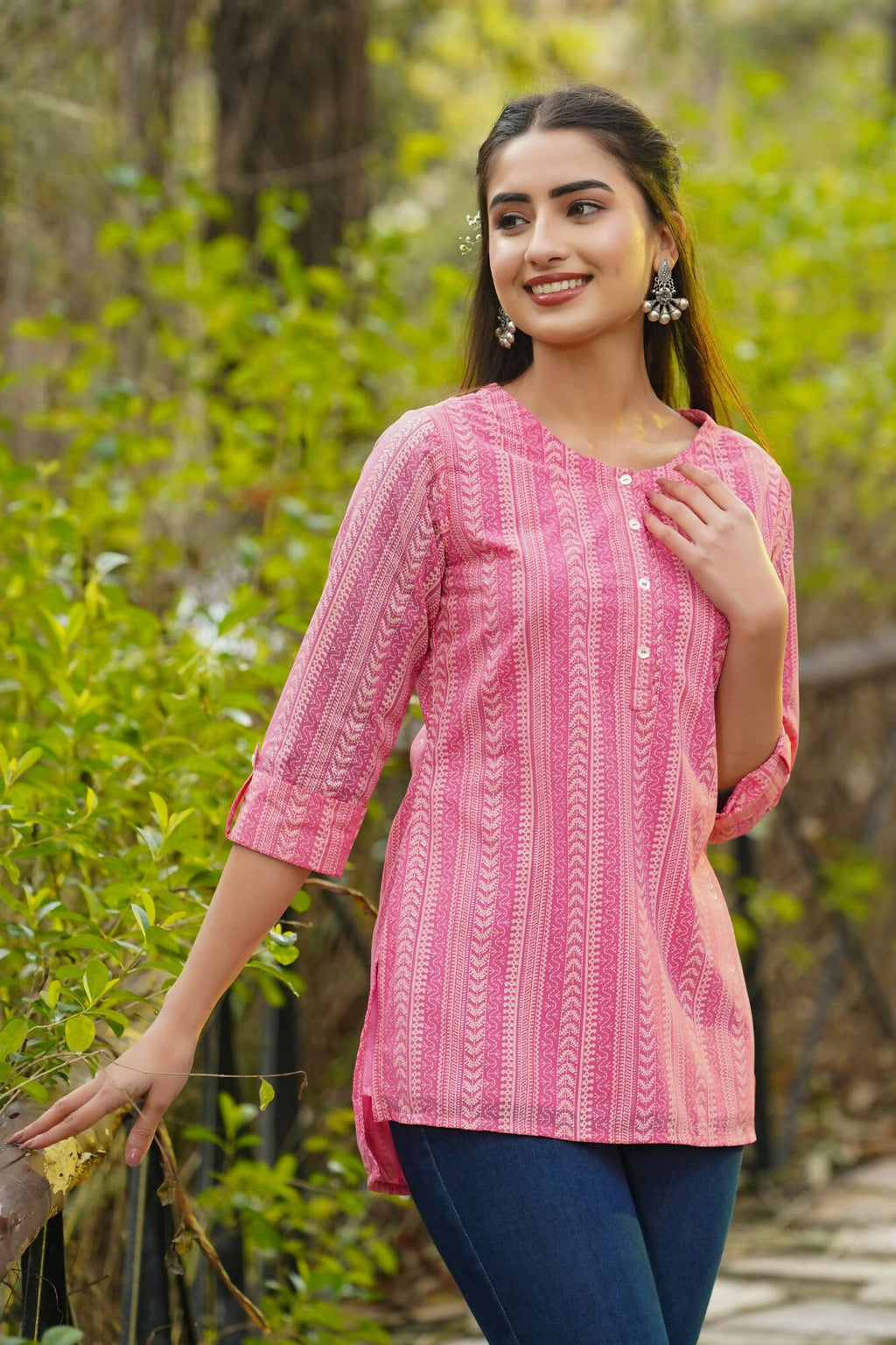 Juniper Women Pink Georgette Printed High-Low Tunic