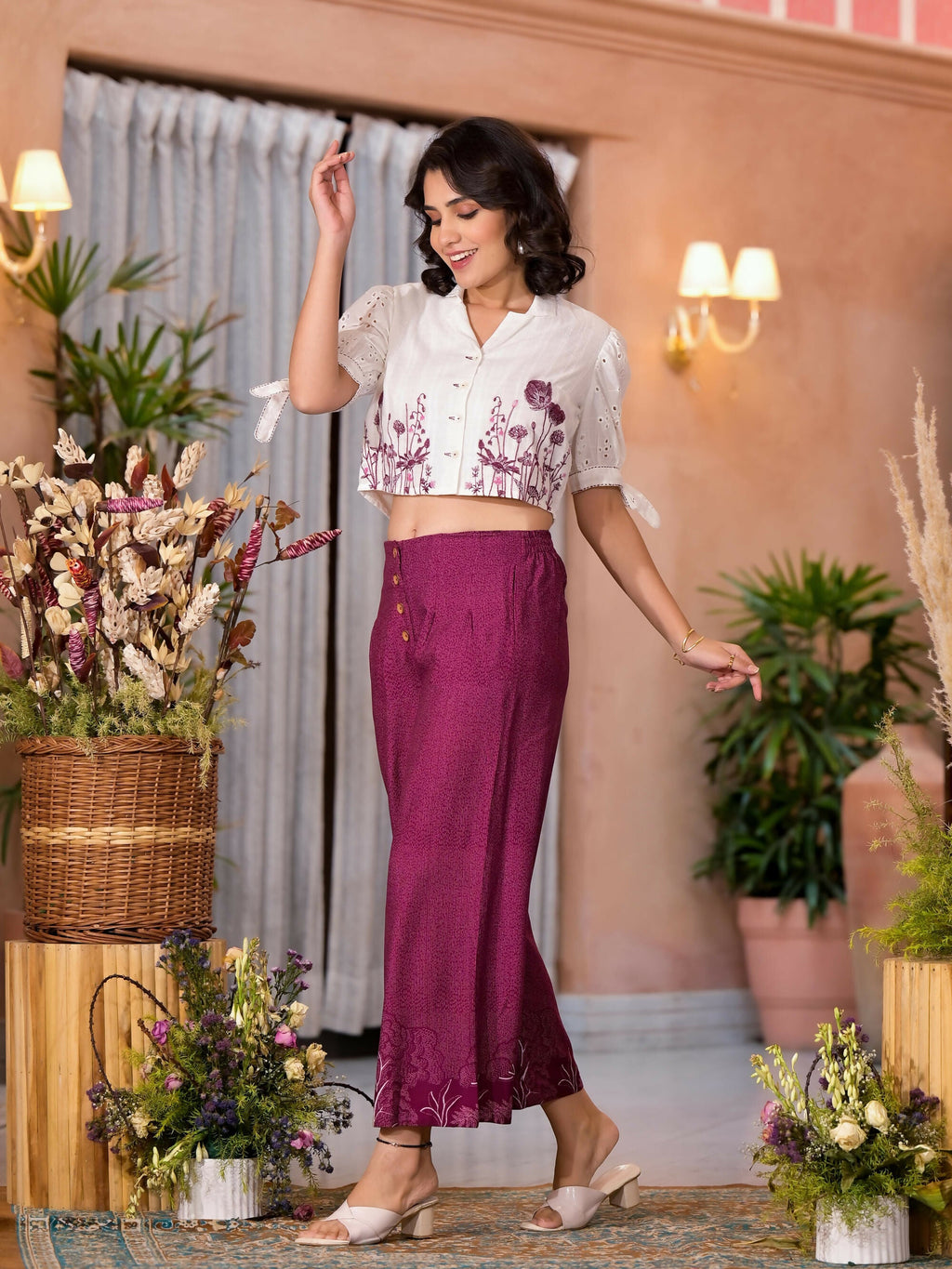 Juniper Women's Wine Thread Embroidered Cotton Shirt Crop Top & Pant Co-Ord Set With Buttons & Tie-ups