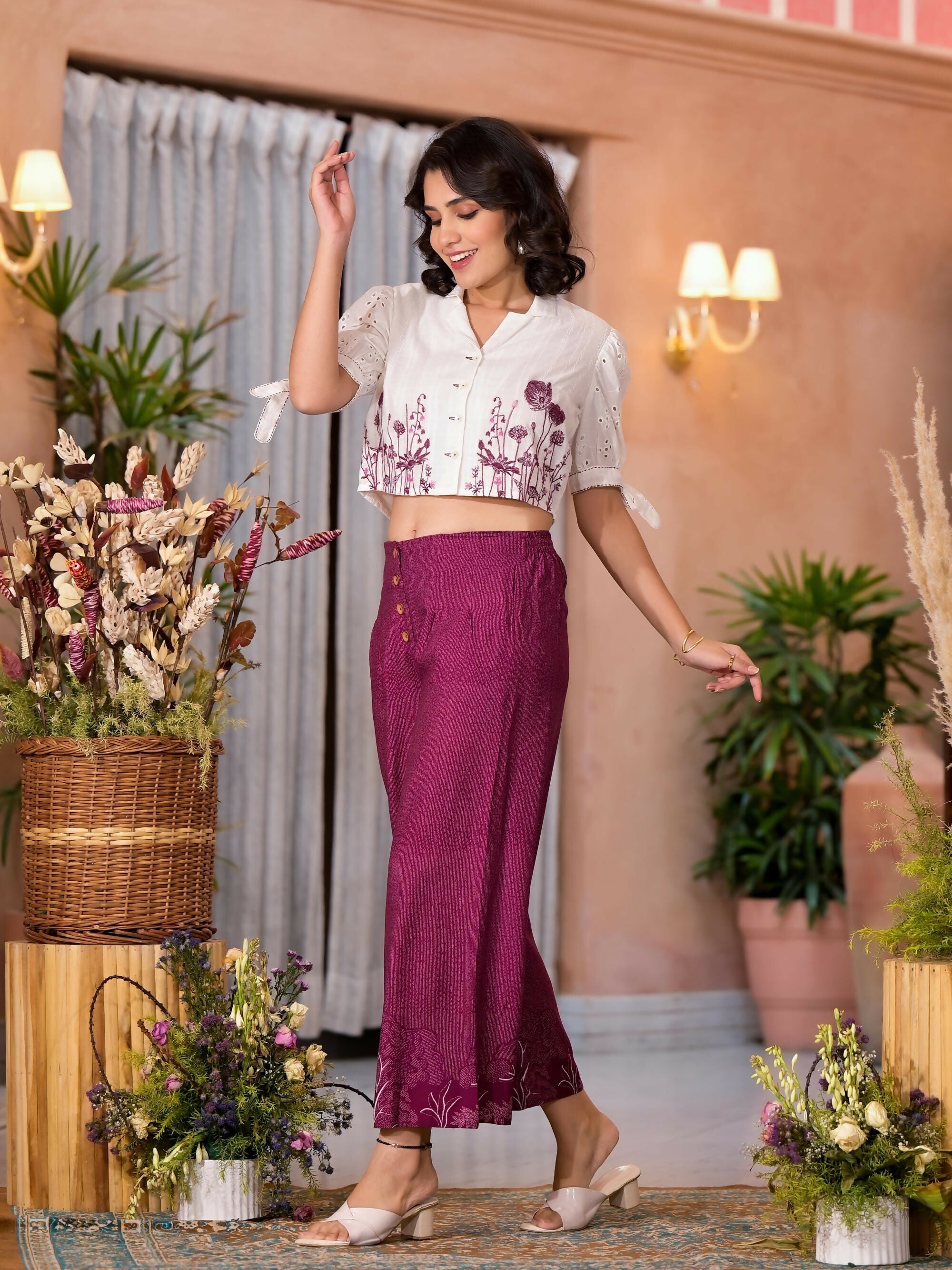 Juniper Women's Wine Thread Embroidered Cotton Shirt Crop Top & Pant Co-Ord Set With Buttons & Tie-ups