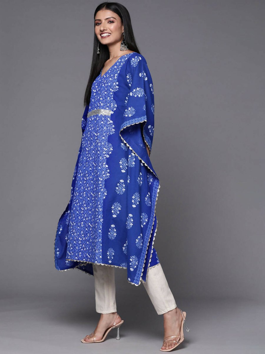 Ahalyaa Blue & White Floral Print Floral Kaftan Kurta