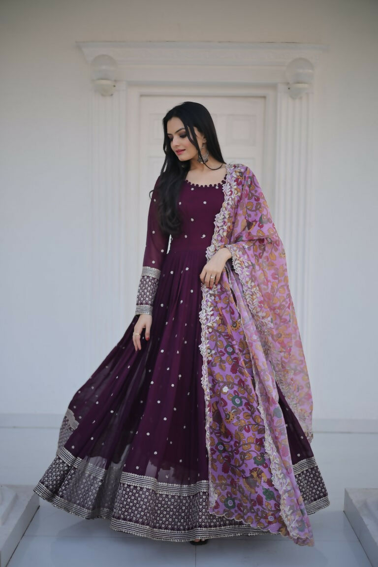 Jyoti Fashion Women's Wine Faux Blooming Sequence Zari Embroidered Anarkali Dress with Dupatta