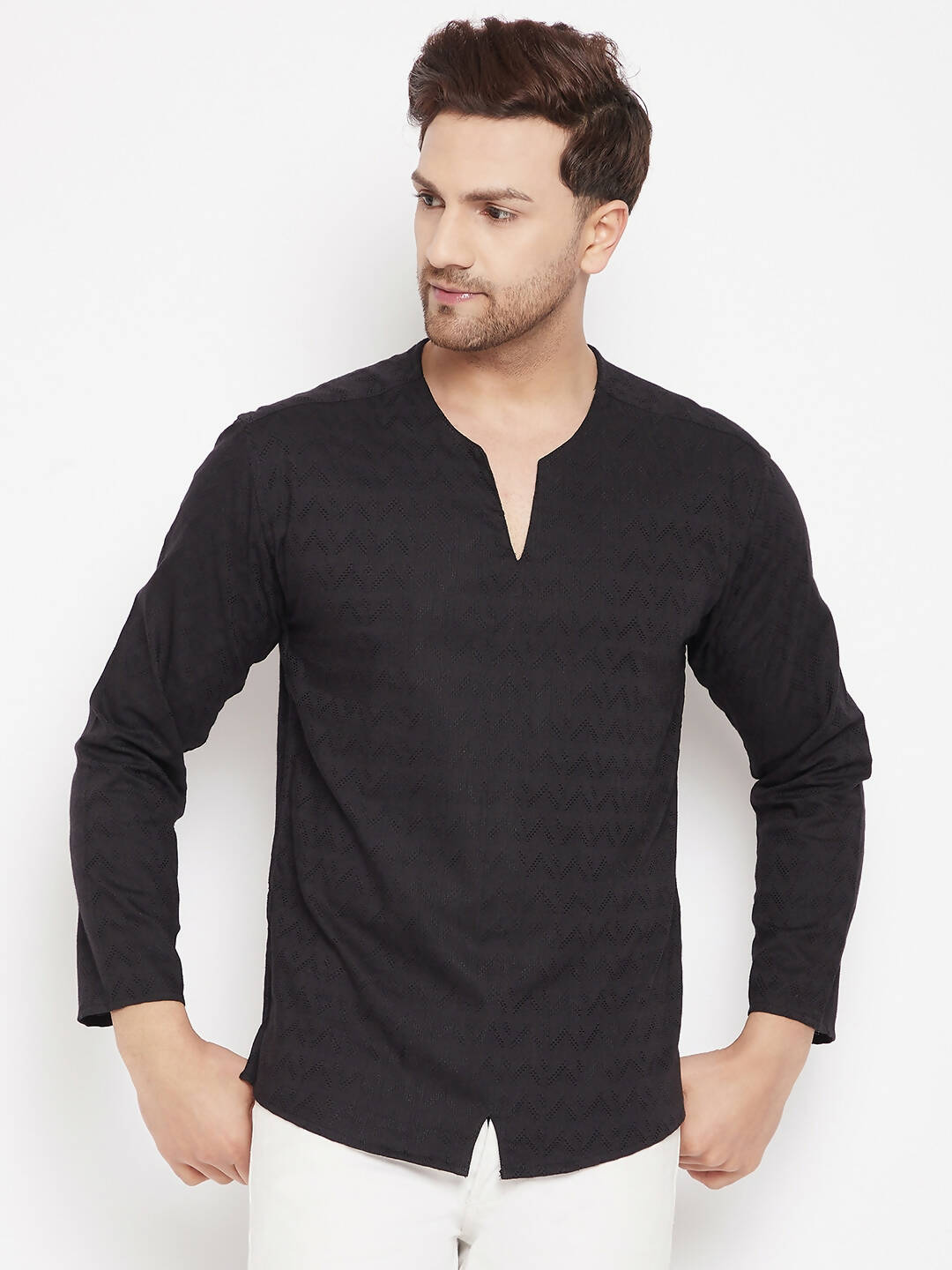 Even Apparels Black Viscose Men's Kurta With Slit Neckline