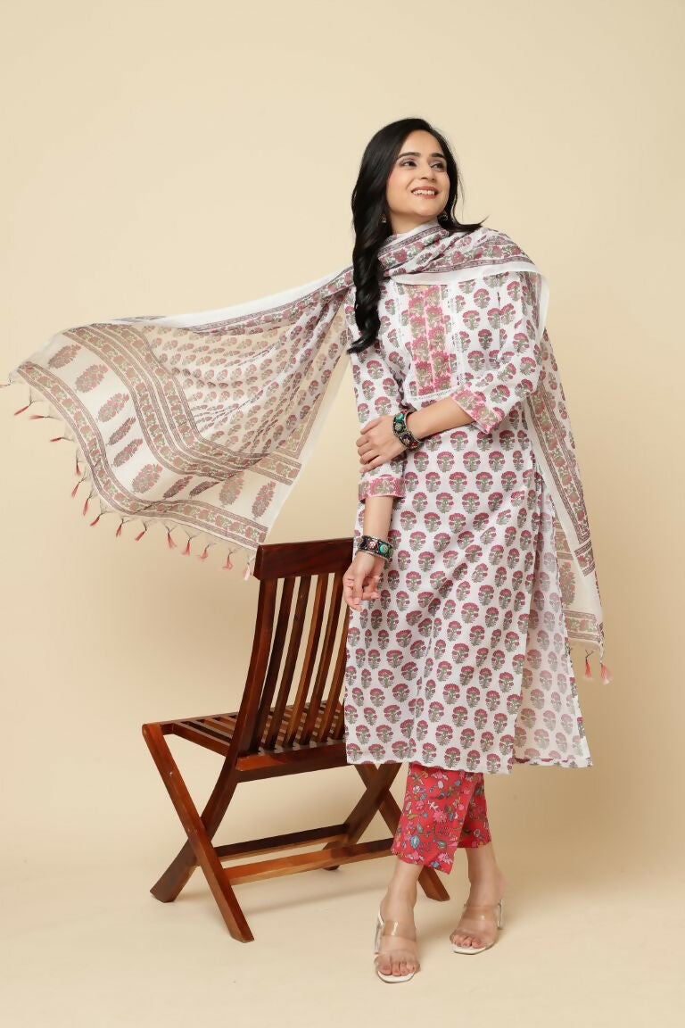 Designer Stylish Red Cotton Blend Stitched Suit With Dupatta - Tanisha