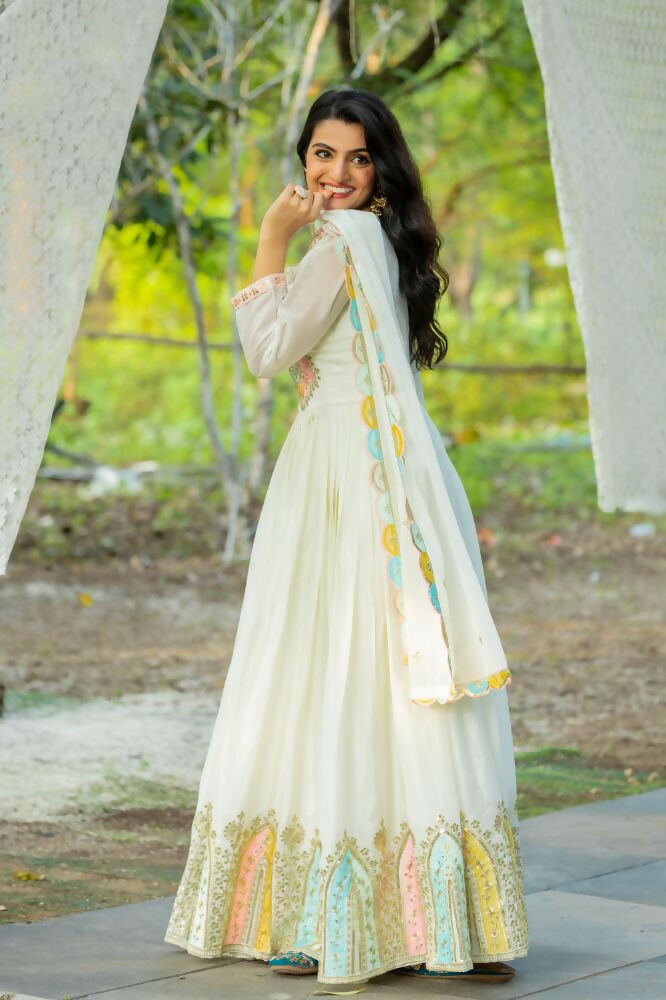 Joban Fashion White Chinnon Silk Sequence Embroidery Work Readymade Kurta Set