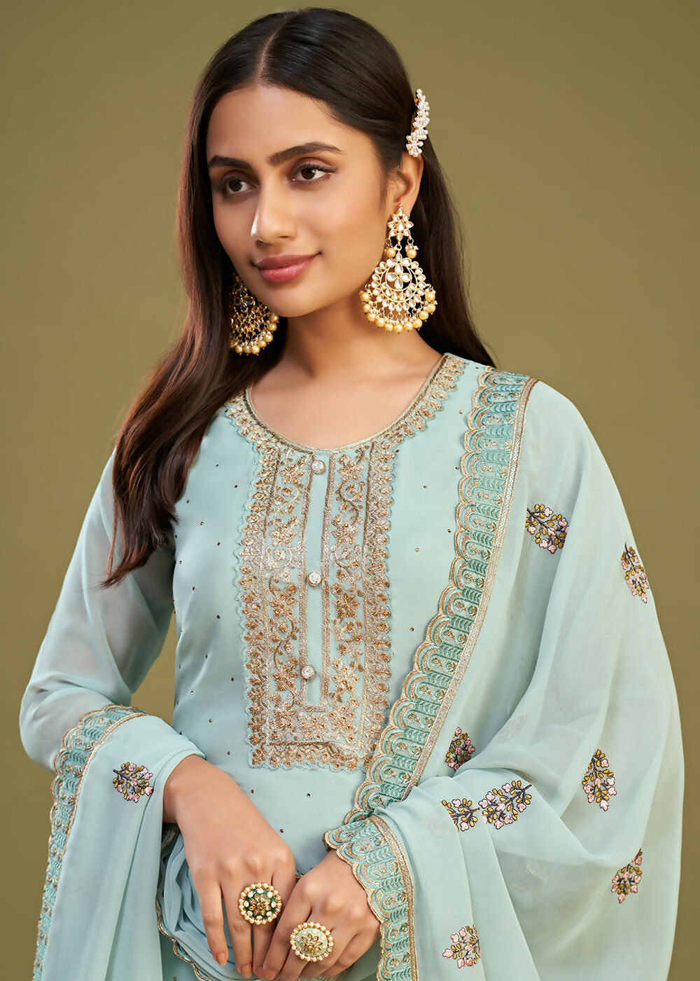 Ice Blue Swarovski Work & Embroidered Eid Wear Salwar Suit - Emponline