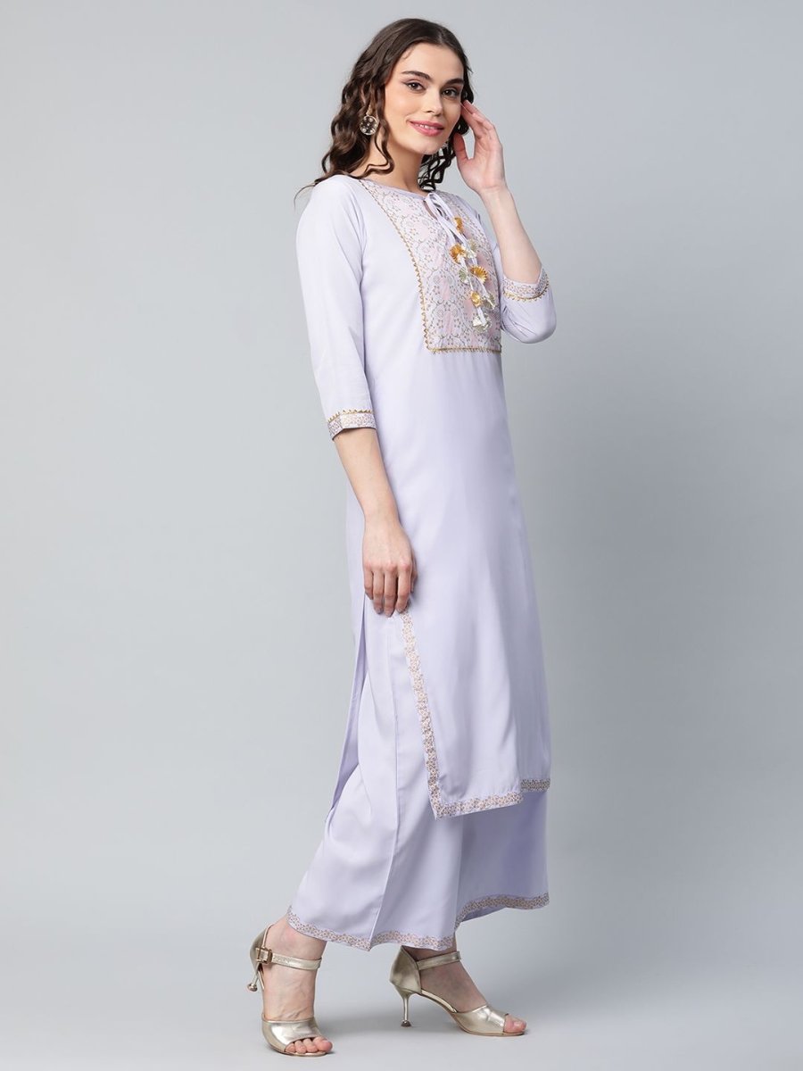 Ahalyaa Women's Powder Blue Crepe Gold Printed Kurta Palazzo Set