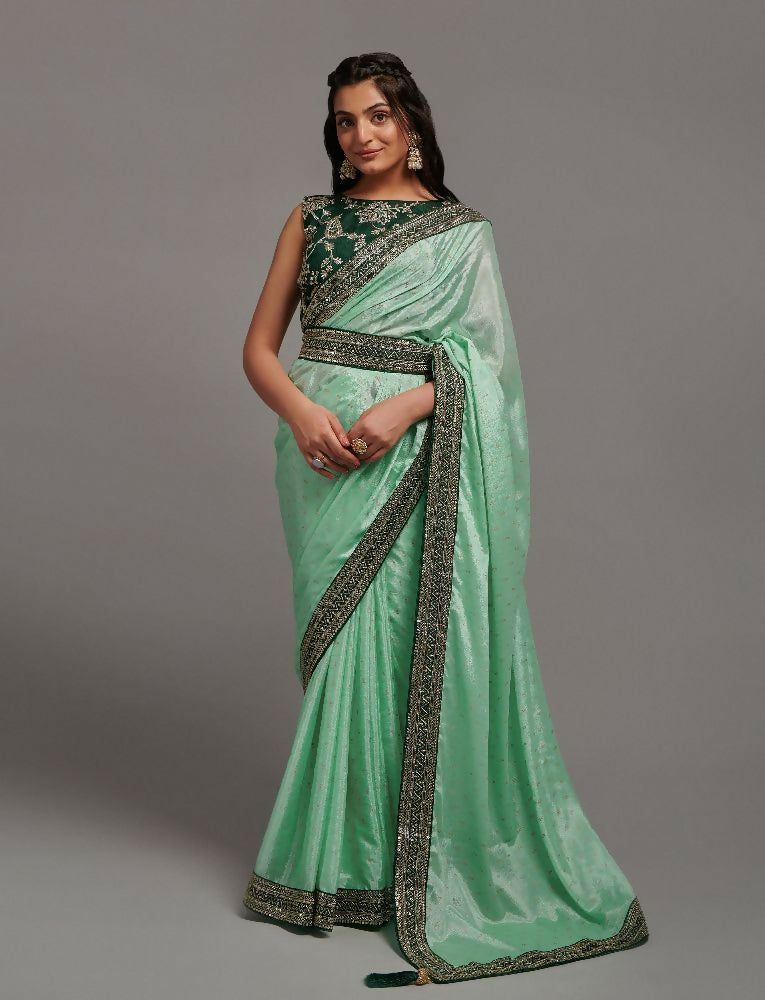 PR Fashion Pista Chinon Embroidery Lace Saree