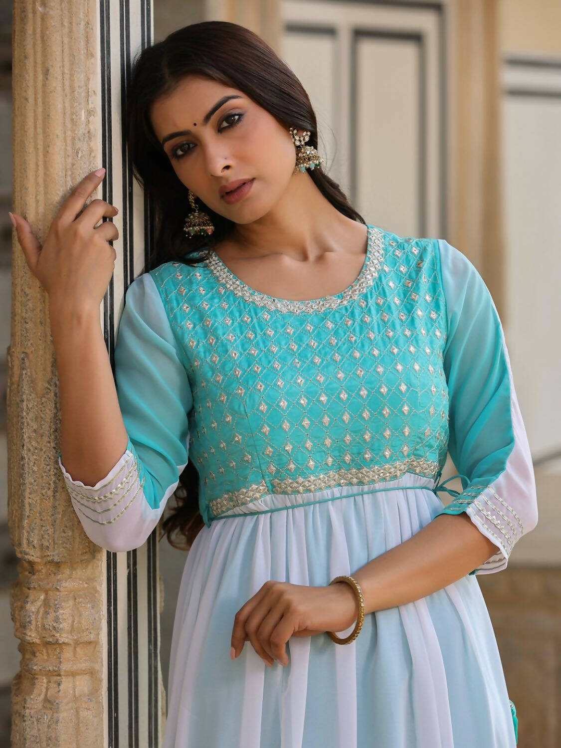 Juniper Women Teal Georgette Embroidered Maxi Dress