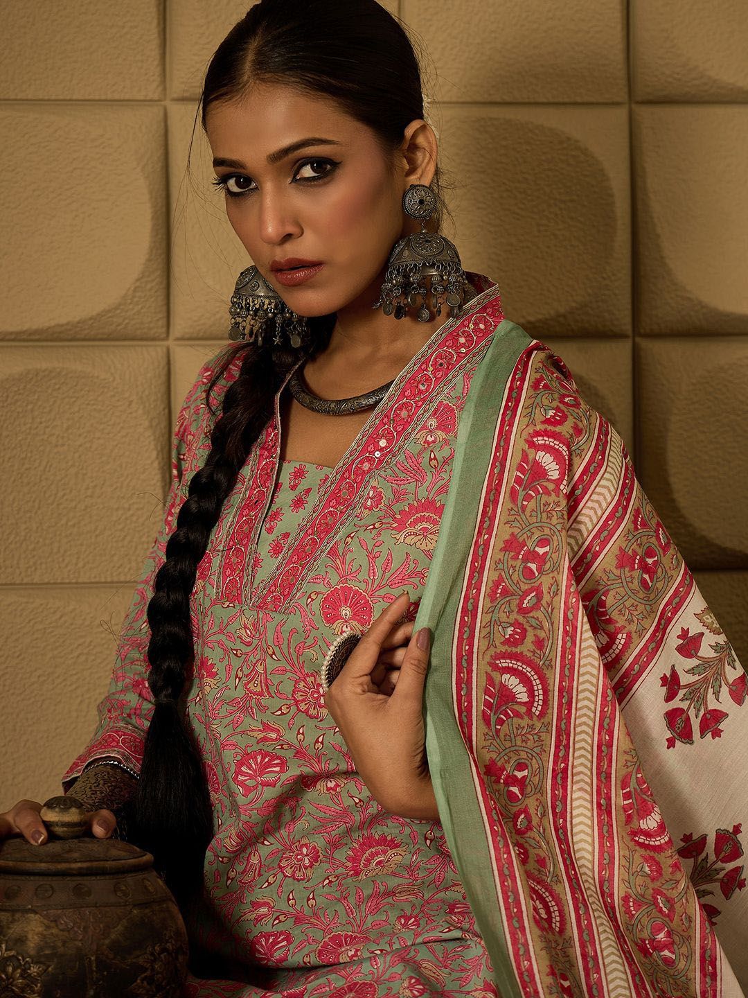 Indo Era Floral Printed Pure Cotton Straight Kurta with Salwar & Dupatta