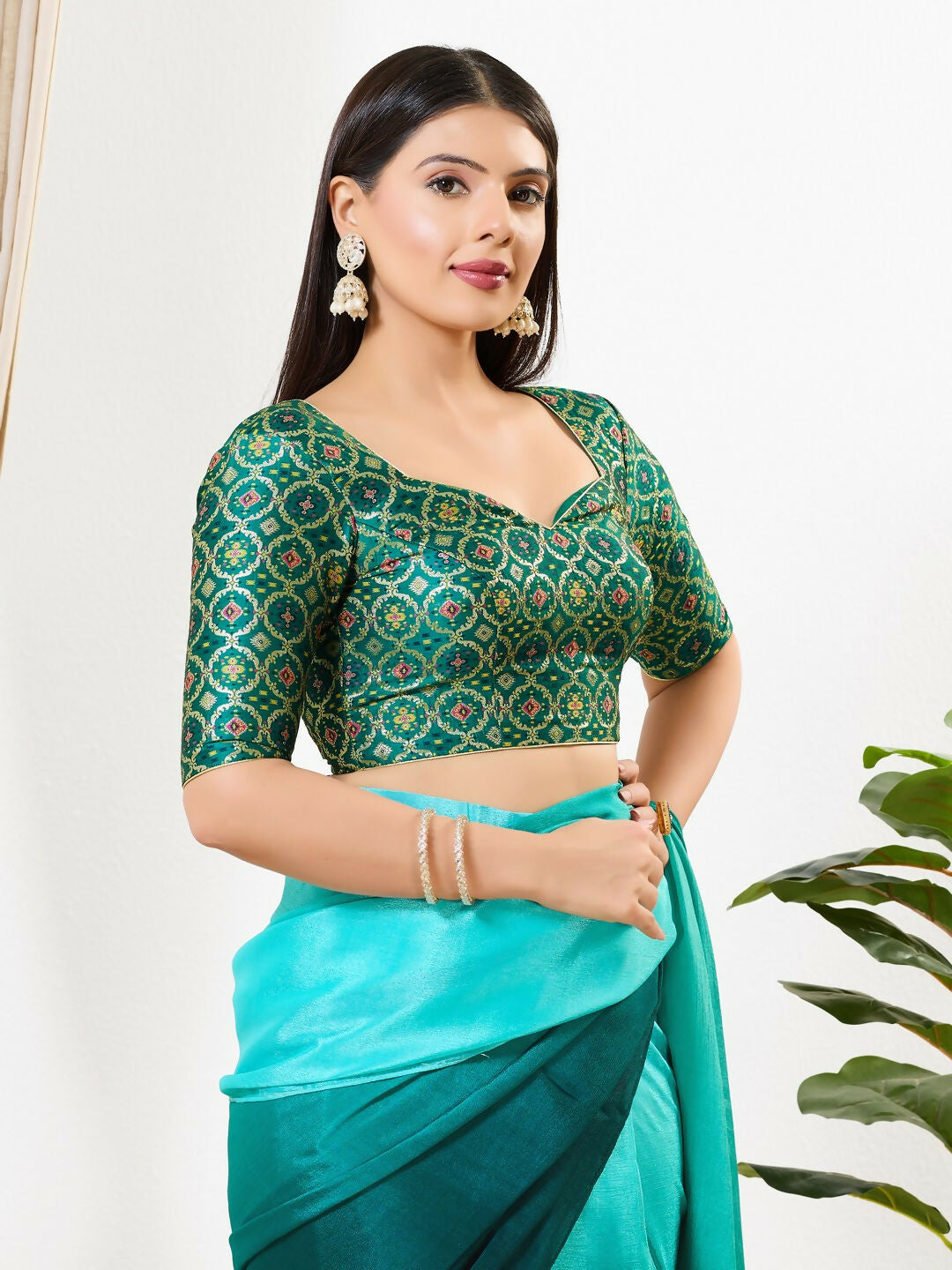 Joban Fashion Rama Green Brocade Padded Blouse With Sweetheart Neck Elbow Sleeves