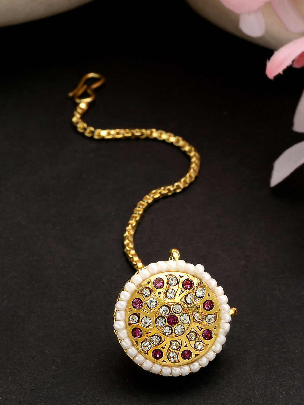 NVR Women's Gold-Polished CZ Stone-Studded Borla Maang Tikka