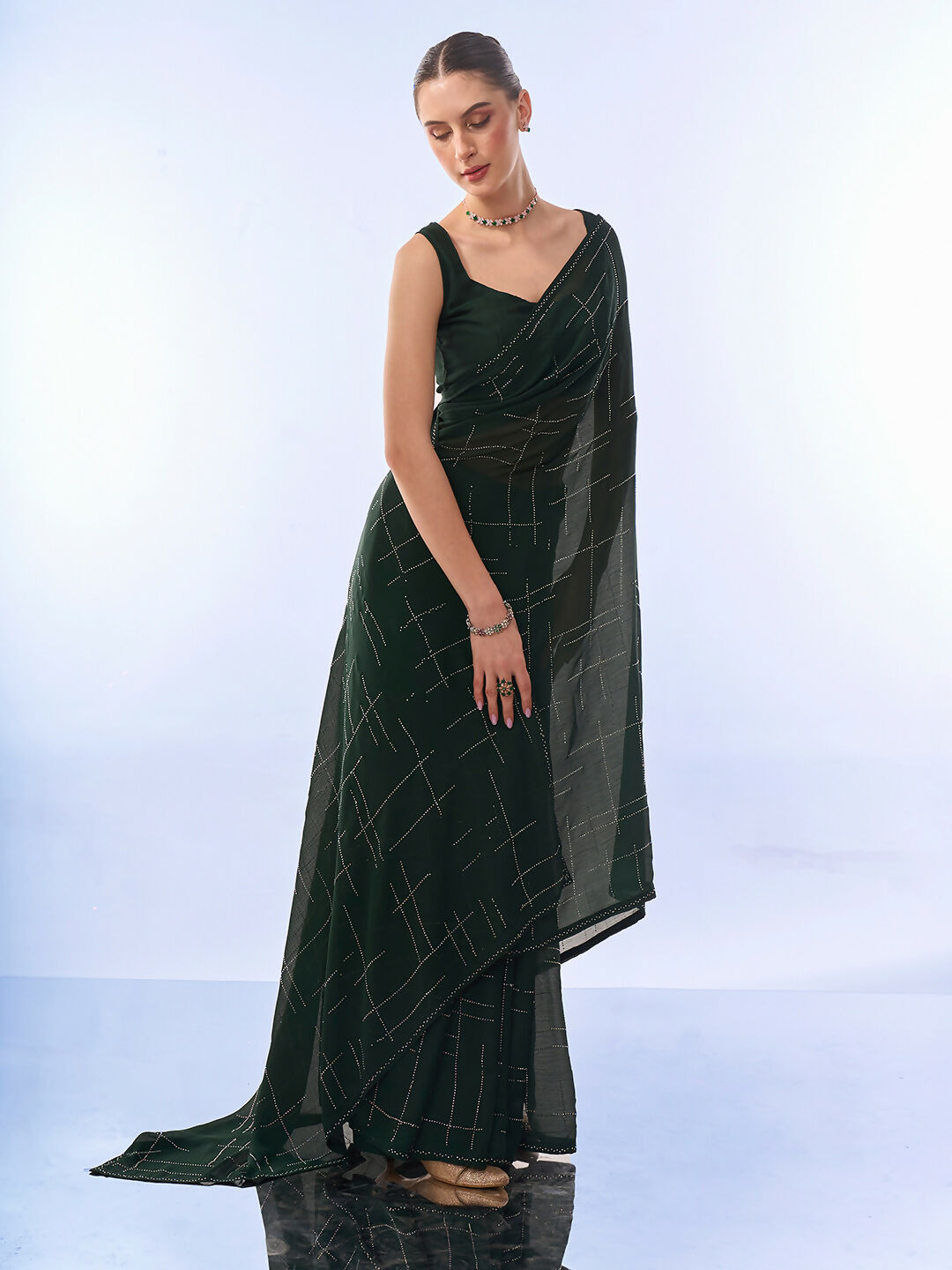 Green Satin Chiffon Designer Work Lace Border & Swarovski Work Saree - Orchid