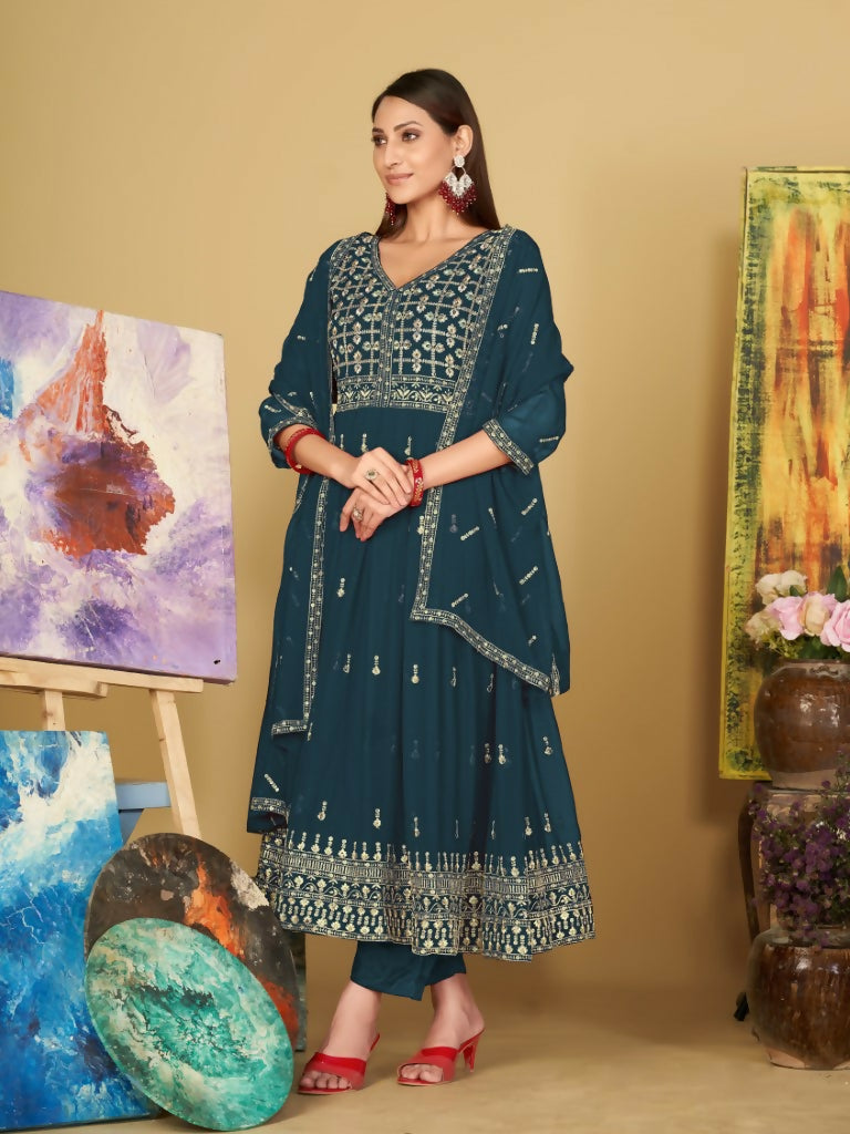 Jyoti Fashion Women's Rama Georgette Embroidered Anarkali Kurta Pant Set With Dupatta