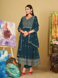 Jyoti Fashion Women's Rama Georgette Embroidered Anarkali Kurta Pant Set With Dupatta