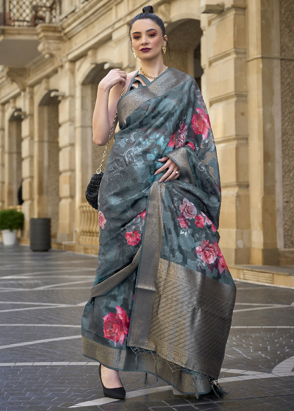 Lovely Navy Blue Polly Brasso Designer Saree - Emponline