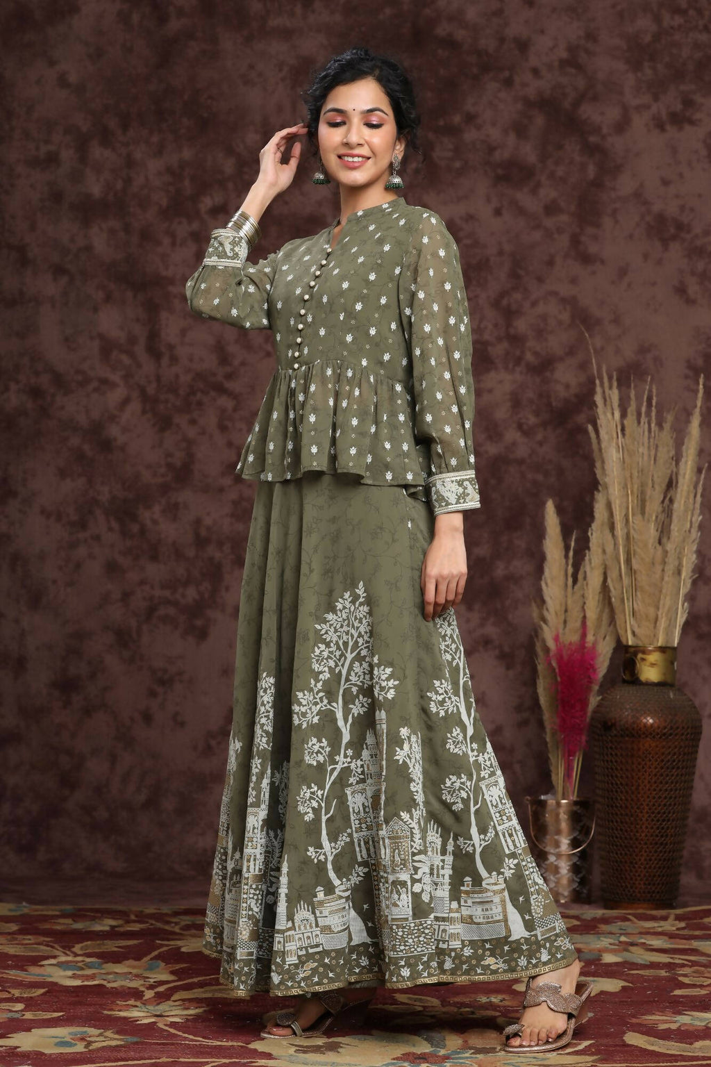 Juniper Women Olive Georgette Printed Flared Lehenga Choli Sets