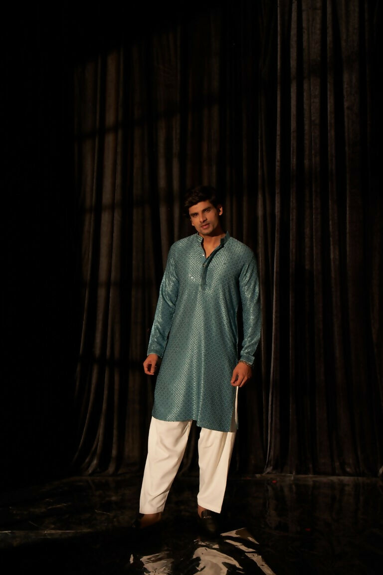 Blue viscose Chikankari Embroidery Work Men's Traditional Kurta Set - Mahotsav