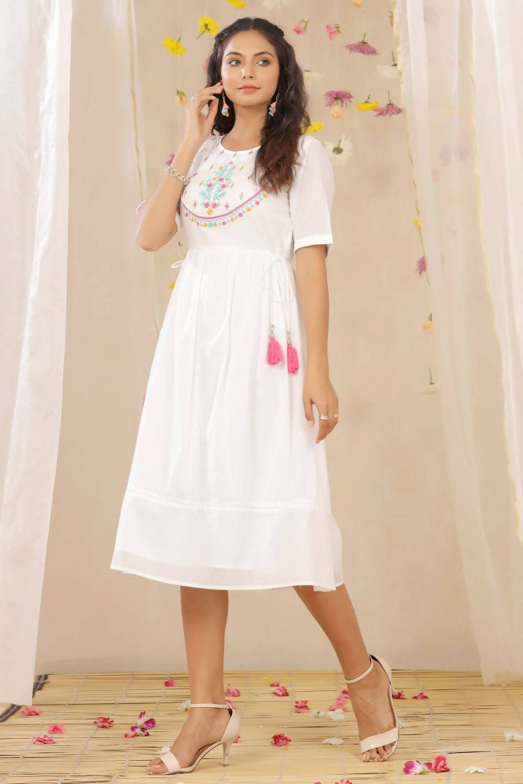 Juniper Women White Cotton Dobby Embroidered A-Line Dress