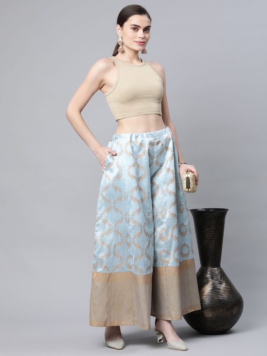 Ahalyaa Womens Sky Blue Poly Silk Gold Foil Print Free Size Palazzo