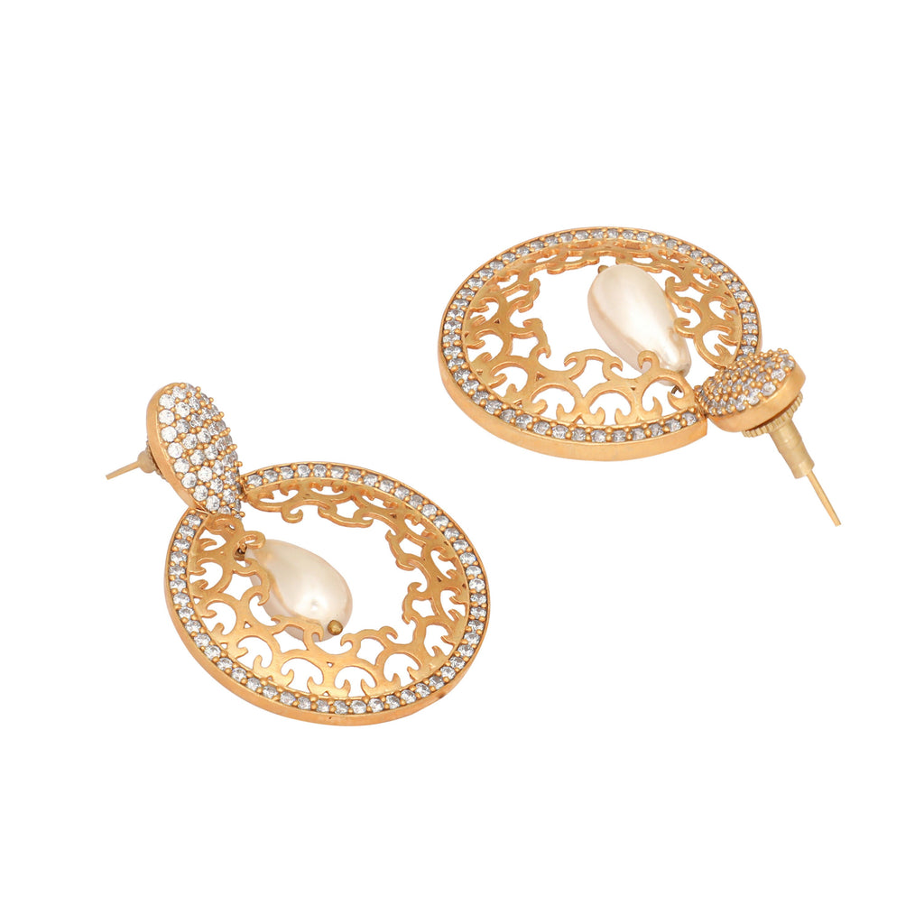 Nuyug 22K Gold Plated Cubic Zirconia Studded Contemporary Moon Shaped Pearl Drop Chandbalis