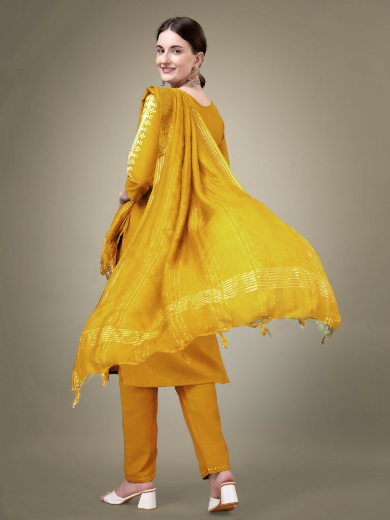 Jyoti Fashion Women's Yellow Cotton Blend Embroidery & Sequence work Kurta with Trouser & Dupatta