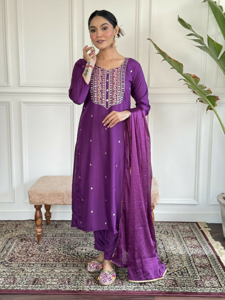 Purple Rayon Slub Stitched Suit With Dupatta - Tanisha