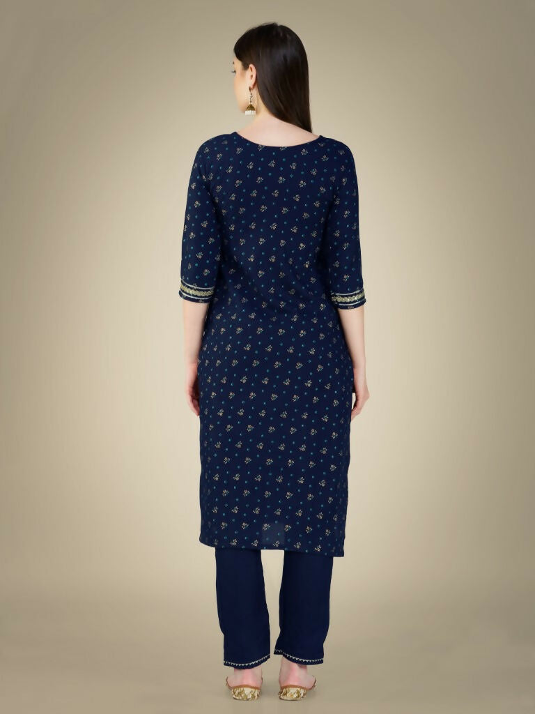 Jyoti Fashion Women's Navy Blue Cotton Magic Slub Embroidery & Sequence work Kurta with Trouser & Dupatta