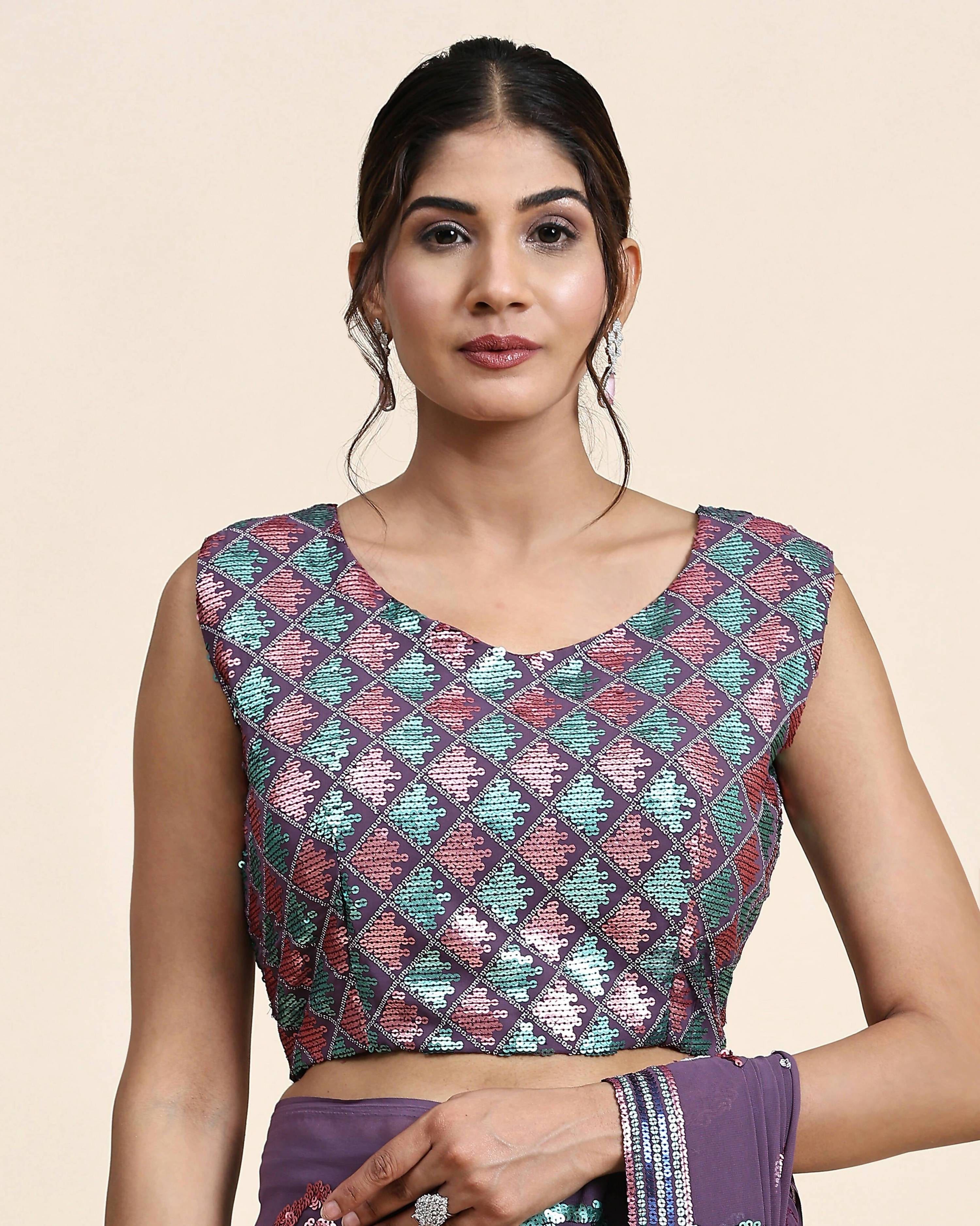 Purple Pure Georgette Sequence work Ready to wear Saree with stitched Blouse - Nirvana
