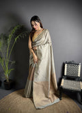 Joban Fashion Grey Banarasi Soft Lichi Silk Checks & Woven Saree