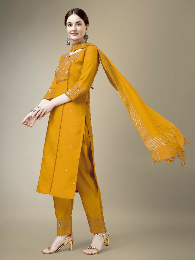 Jyoti Fashion Women's Yellow Cotton Blend Embroidery & Fancy Lace work Kurta with Trouser & Dupatta
