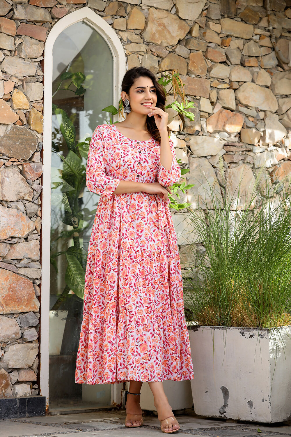 Kaajh Women's Orange Ethnic Floral Hand Block Print Cotton Dress