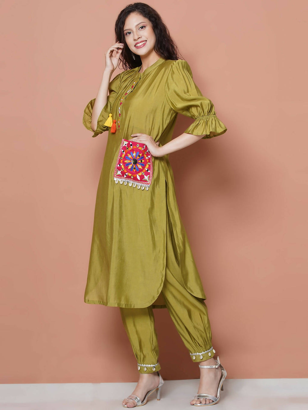 Women Republic Green Art Silk Embroidered Kurta with Afghani Salwar