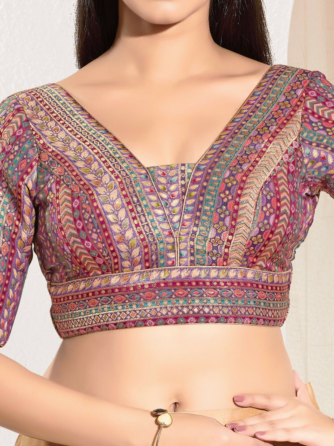 Joban Fashion Purple Multi Brocade Padded Blouse With V Neck Elbow Sleeves