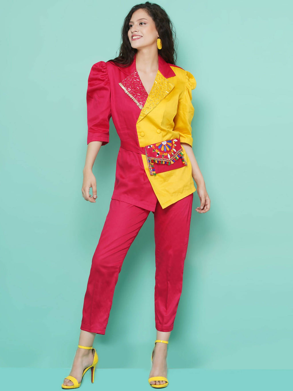 Women Republic Pink And Yellow Cotton Silk hand Embellished Coord set with Pouch
