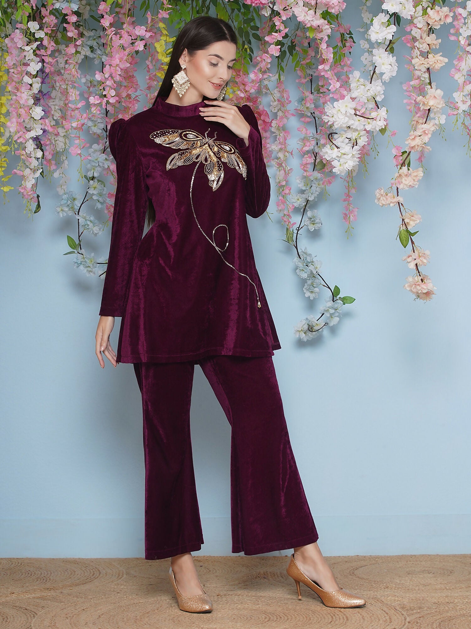 Joban Fashion Wine Velvet Hand Embellished Coord Set