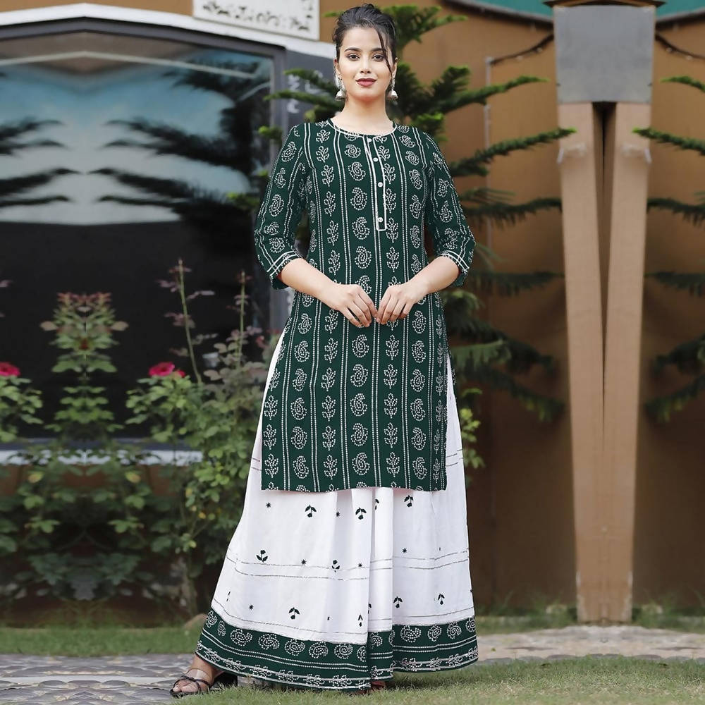 Vamika Green Rayon Gota Patti work Kurti With Skirt Suit