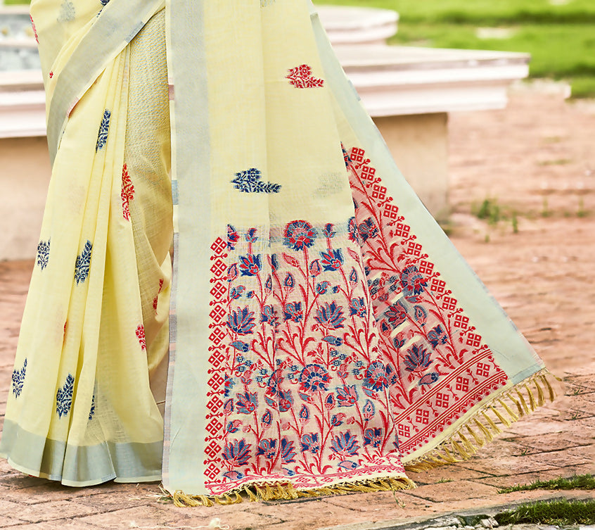 Sangam Prints Yellow Linen Woven Work Traditional Saree