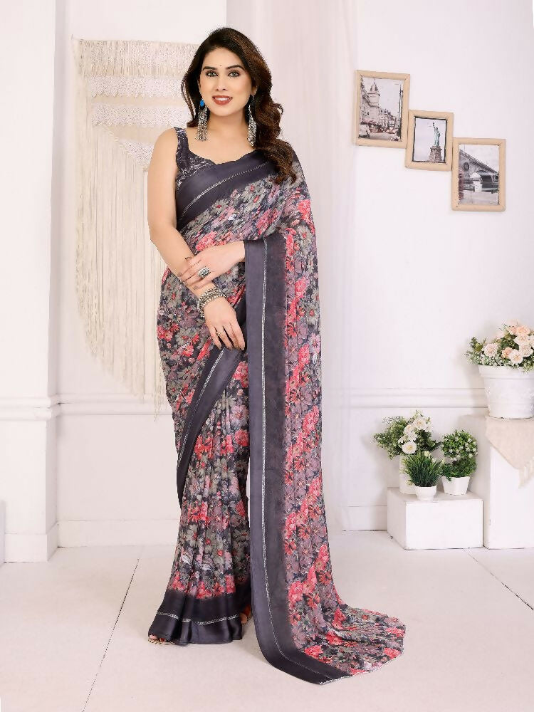 PR Fashion Black Bright Moss Satin Patta Printed Saree