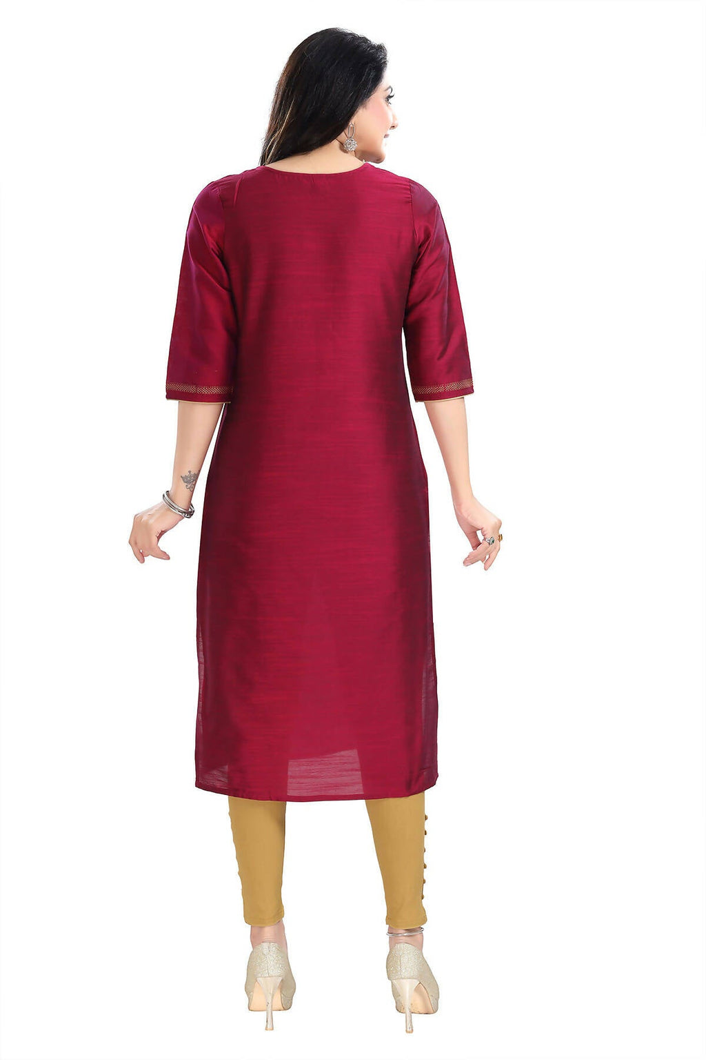 Snehal Creations Majenta Raw Silk Block Print Long Kurta For Women