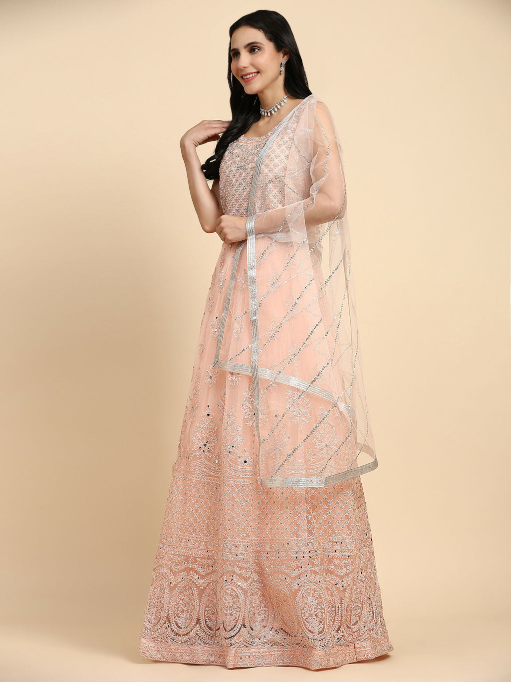 Peach Net Hand Embroidered Gown - Rudrani