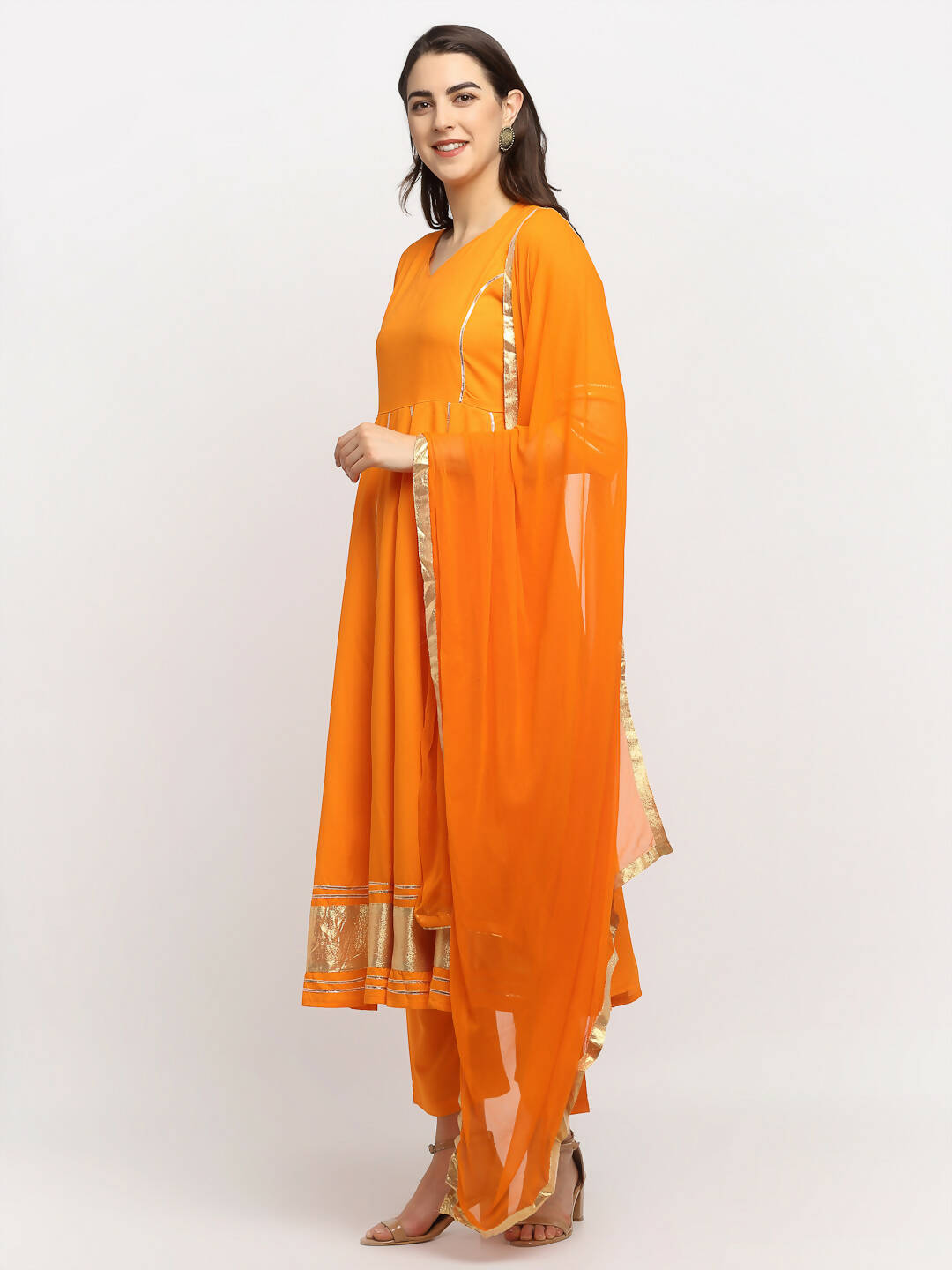 Rudra Bazaar Orange Anarkali Lace Work Kurta with Pyjamas & Dupatta