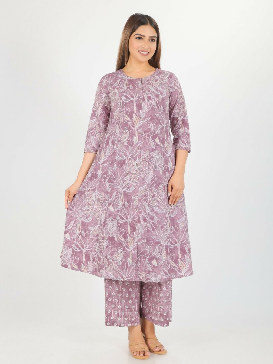 Aramya Purple Soft Cotton Gold Foil Print A-line Kurta Set for Women