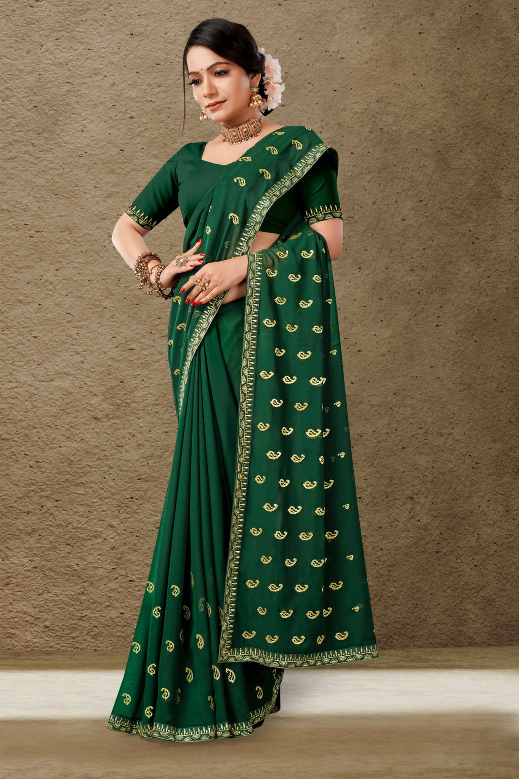 Green Georgette Embroidered Saree with Unstitched Blouse Piece - Avika